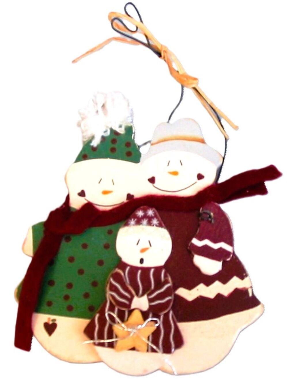 Christmas Ornament Hand Painted Wood Snowman Family with Scarves and Hats 4 inch
